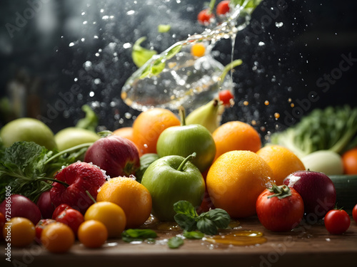 Fresh vegetables, fruits and water splashes on panoramic background