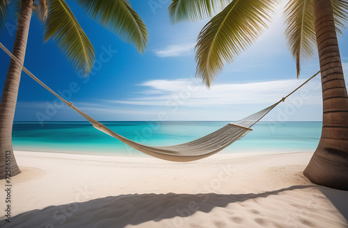 Hammock hanging between palm tress, ocean beach, paradise, sea resort