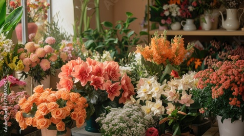 a flower shop brimming with oversized blooms in shades of dark orange  light pink  and light beige  showcasing the abundance of nature in a captivating landscape photograph.
