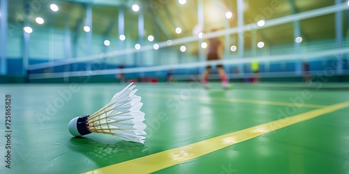Close up of shuttlecock with blur badminton court background.  photo