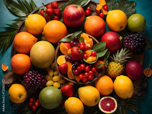 Assortment of colorful ripe tropical fruits. Top view