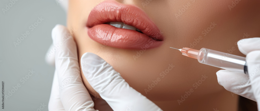 Close-up of precise cosmetic enhancement with a syringe on plump lips, in a clinical setting - obrazy, fototapety, plakaty 