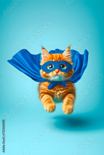 Superhero cat, Cute orange tabby kitty with a blue cloak and mask jumping and flying on light blue background with copy space. 