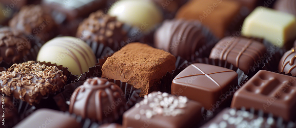 Assortment of gourmet chocolates in a box. Design for chocolate shop brochure, dessert menu background. Close-up shot with copy space. Assortment of gourmet chocolates in a box. Design for chocolate shop brochure, dessert menu background. Close-up shot with copy space.