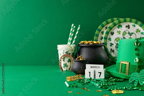 Wealth of the Irish: prosperous celebrations on St. Patrick's Day. Side view of pots with coins, green hat, paper utensils, cube calendar, traditional decor on green background with greeting area