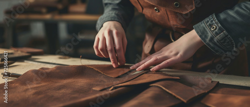 Craftsman meticulously handcrafting leather goods, evoking a sense of tradition and quality photo