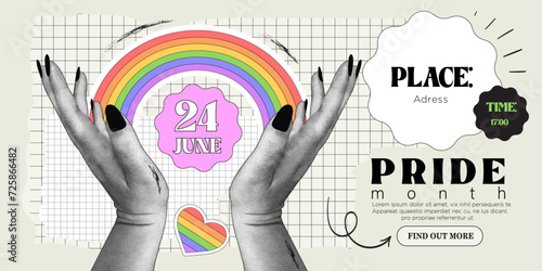 Hand hold rainbow lgbt flag and celebrate pride month, week or day vector illustration. LGBTQ support social media collage banner or post template, greeting card or party invitation with paper cuts.