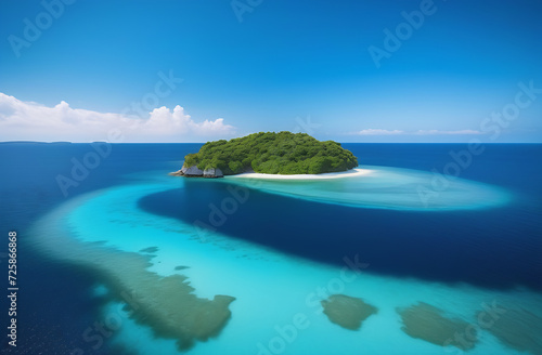 Remote island in ocean, sea waters, coral reefs. Tropical resort
