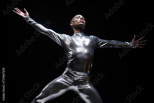 East Asian non binary person in a shimmering silver bodysuit strikes an expansive dance pose, dark background
