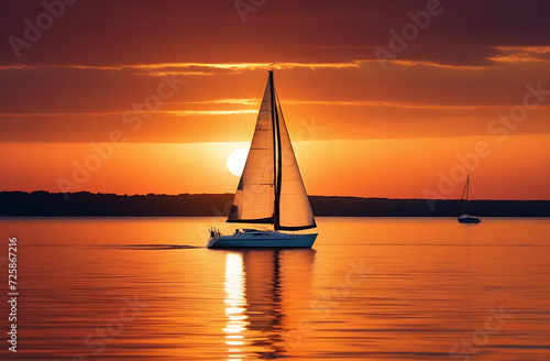 Sailboat floating in water at sunset, sun set, evening time, orange sun light