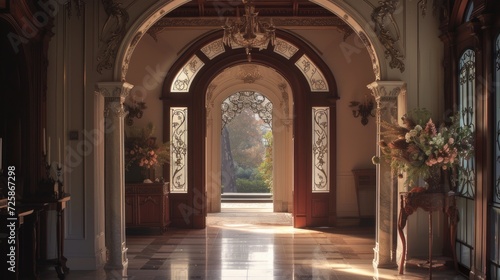 Victorian-style interior archway opening, showcasing intricate architectural details that exude sophistication and grandeur, evoking the charm of a bygone era. © ZinaZaval