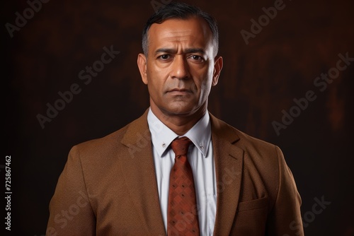 model portrait of a middle aged man in a brown suit and red tie exuding confidence and authority