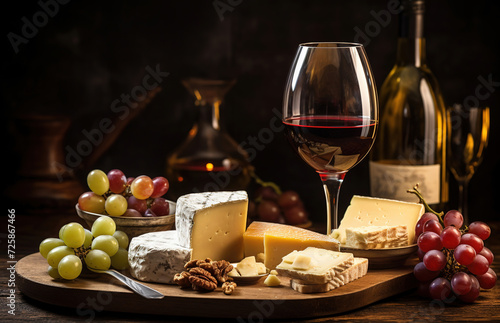 Delicacies: cheeses and wine on the table