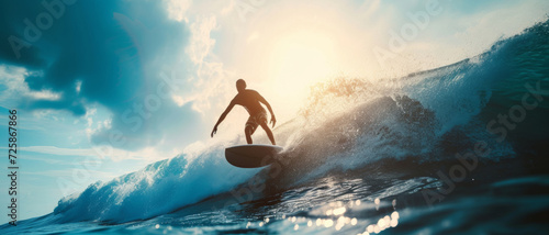 Splendor of surfing: A silhouette of a surfer on a wave at sunset, embodying freedom and adventure © Ai Studio