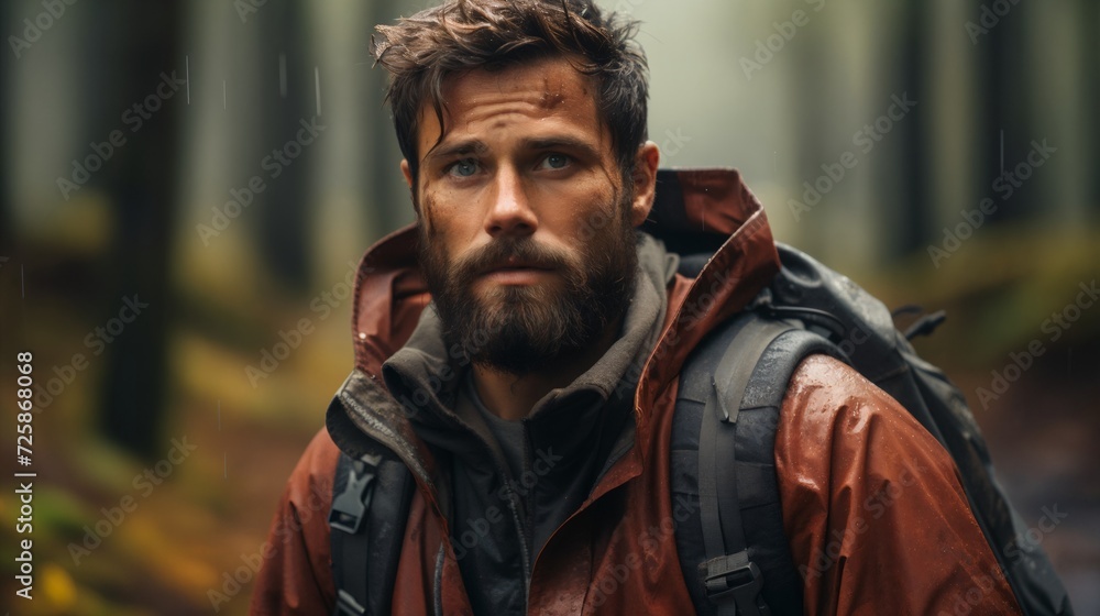 Obraz premium Caucasian young adult man lost in forest at autumn day, horror vibes. Lost male hiker, searching for the path, looking for the exit from the woods