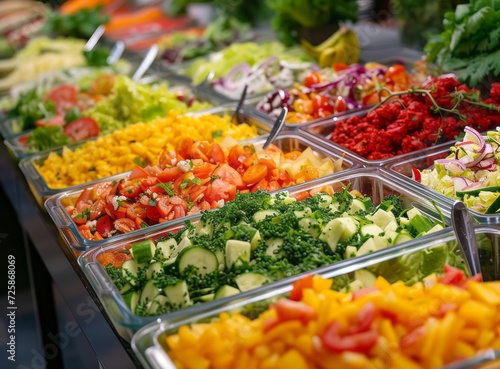 Colorful set of freshly cut vegetables in transparent bowls. Buffet in the restaurant.