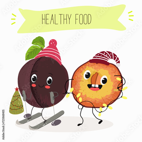 Cute  cartoon cherry plum characters with different activities. Flat vector illustration, funny fruits. Organic food.