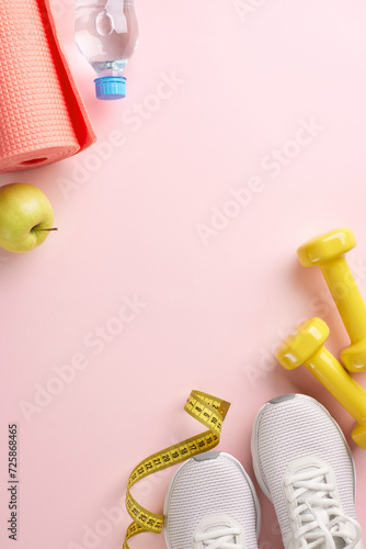 Revitalize your springtime: Invigorating workouts for a healthy lifestyle. Top view vertical photo of measure tape, yoga mat, apple, sneakers, water bottle, dumbbells on pink background with ad space