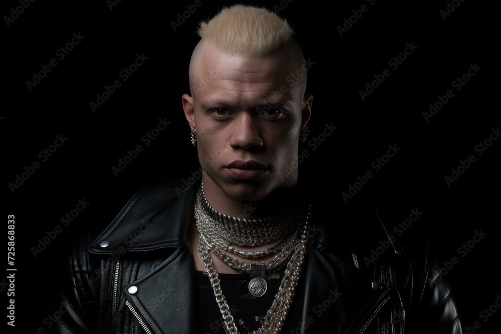 Obraz premium West African albino man models with a fierce look, donning a leather jacket and layered metallic necklaces