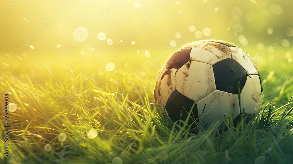 Fototapeta premium a soccer ball placed on green grass against, offering a direct view that highlights the sport's simplicity and beauty, enhanced by soft shadows and clear focus