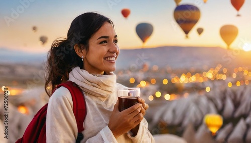 Woman drinking early morning tea with hot air balloons in Cappadocia 