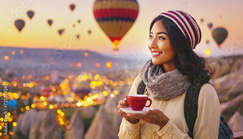 Woman drinking early morning tea with hot air balloons in Cappadocia 