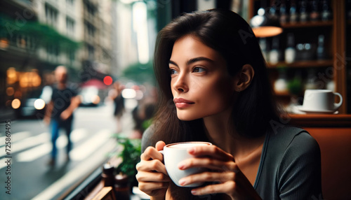 Urban Solace: A Moment of Reflection for a Young Woman at a City Cafe