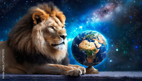A majestic Lion plays with a small globe and the galaxy in the background. World Nature Day. We must end this war against nature. Concept of priceless value of wild nature.