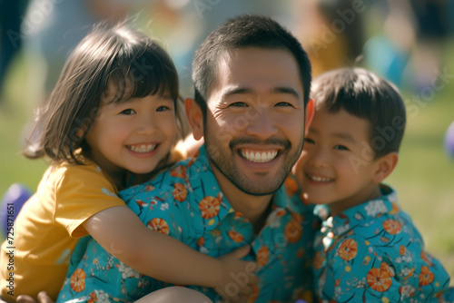 happy asian father with children enjoying event in the park