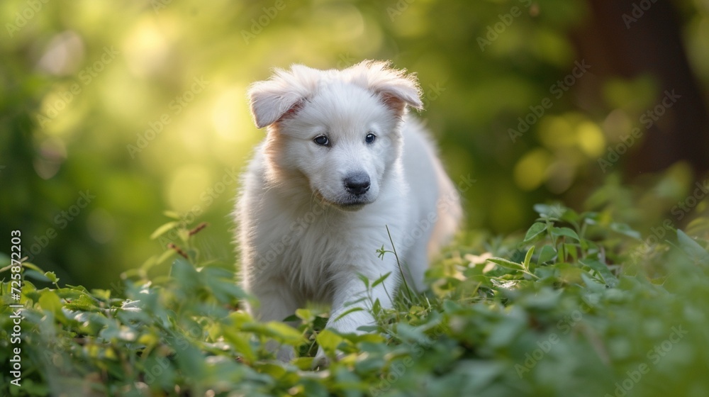 white dog on grass, Step into a picturesque meadow where a Puppy cute White Swiss Shepherd dog frolics amidst the lush greenery