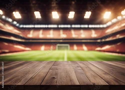 wooden table empty with a bokeh background of a stadium. Mockup template for product display. AI generation