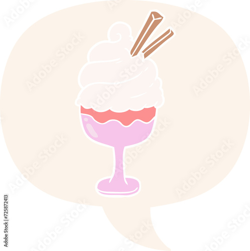 cartoon ice cream dessert and speech bubble in retro style