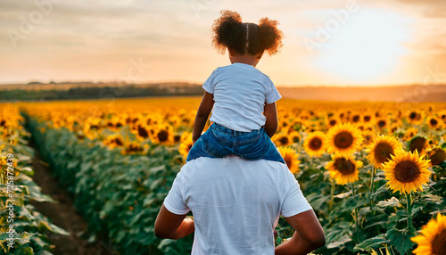 A black child on his dad's shoulder as they walk happily,.Child having carefree fun outdoors. Day against discrimination. Zero discrimination.