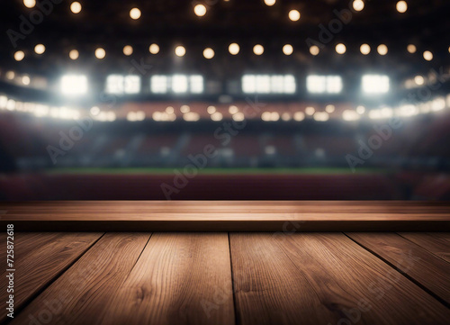 wooden table empty with a bokeh background of a stadium. Mockup template for product display. AI generation © Foyez Ullah