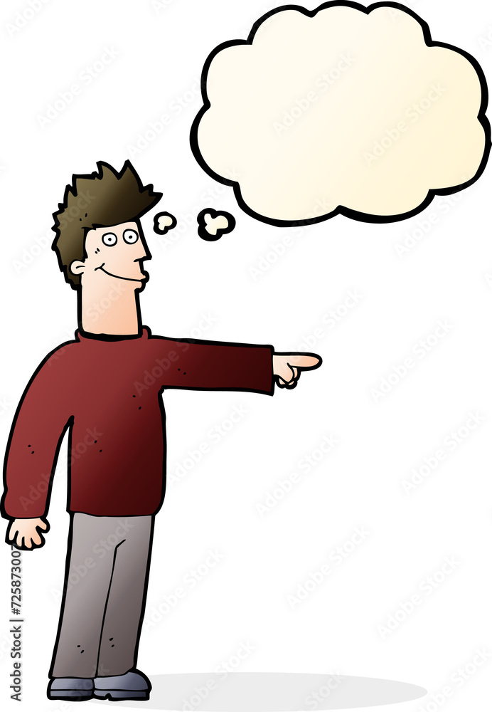 cartoon happy pointing man with thought bubble cartoon happy pointing man with thought bubble