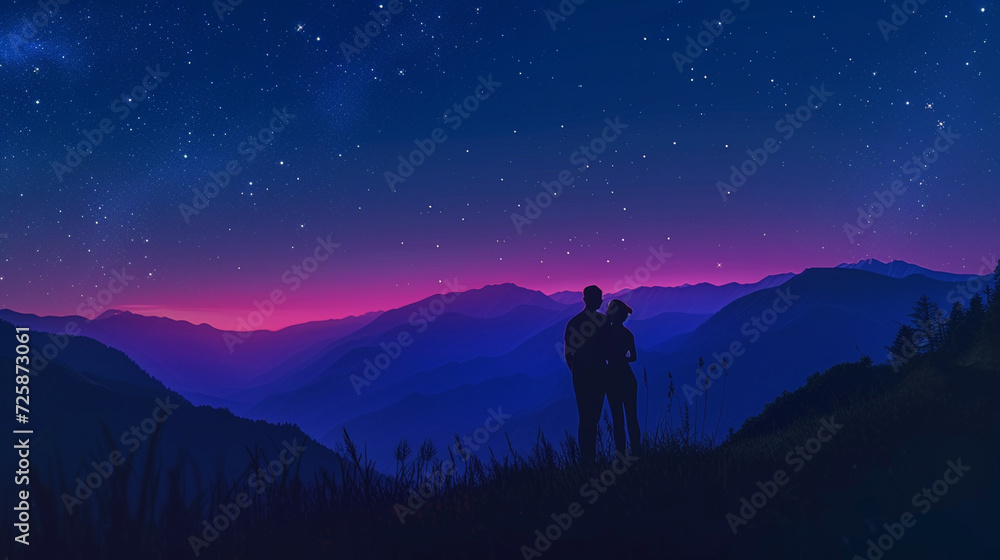 A couple stargazing on a clear summer night, surrounded by mountains, capturing the romance and tranquility of a summer escape