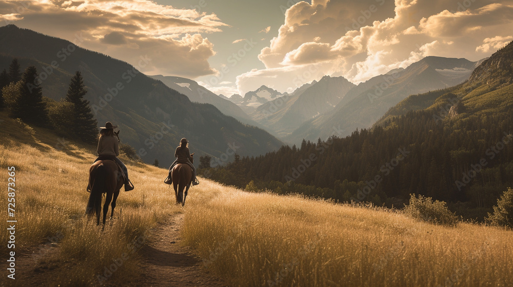 A couple enjoying a horseback ride along a mountain trail, creating a picturesque scene of adventure and love