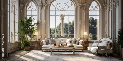 an opulent lounge with large windows