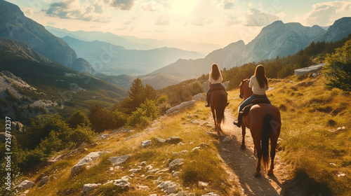 A couple enjoying a horseback ride along a mountain trail, creating a picturesque scene of adventure and love © Лариса Лазебная