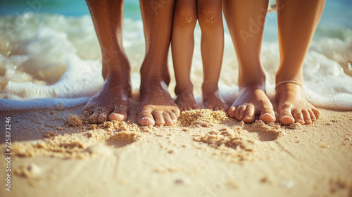 A close-up of a family's feet in the sand, capturing the warmth and relaxation of a beach day