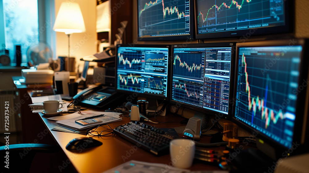 financial analyst's home office, multiple monitors on a desk showing detailed interest rate trends and stock market graphs, realistic clutter of coffee cups and financial newspapers