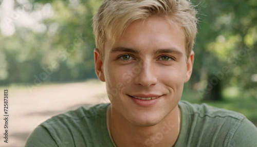 Young Blonde Man Smiling in Green T-Shirt and Dark Shorts - Head and Shoulders Portrait with Soft Lighting and Bright Eyes