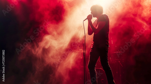 Rock musician singer holding a microphone standing on stage singing. Red smoke clouds. Dynamic emotional image