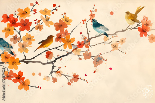 Colorful birds in a simplistic Japanese fine art scientific water color illustration