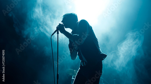 Wallpaper Mural Rock musician singer holding a microphone standing on stage singing. Blue smoke clouds. Dynamic emotional image Torontodigital.ca