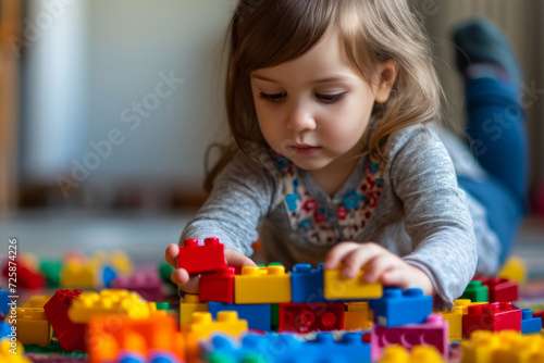 Little girl playing with colorful building blocks. Preschool kid playing with plastic blocks at home or kindergarten, daycare center or nursery
