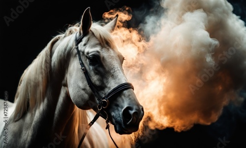 Artistically lit horse head with thick smoke and fumes on black background. Beautiful alert black brown stallion horse in fog mist smoke looking curious worried free majestic regal mythological © useful pictures