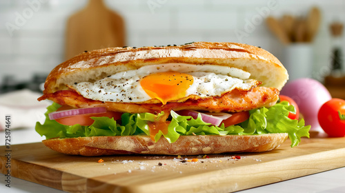 Delicious sub sandwich with chicken fried egg tomatoes onions and lettuce with spicy sauce in toasted roll. Cozy homely atmosphere