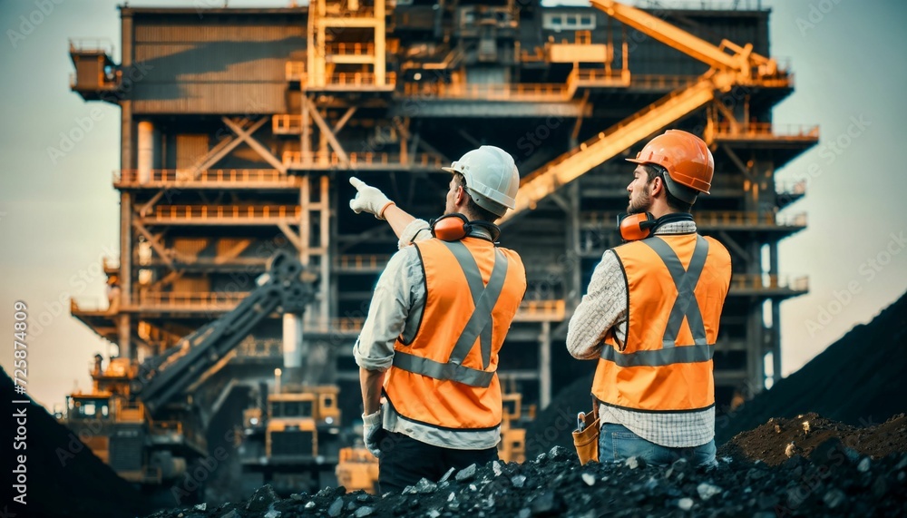 Worker in a coal mine monitoring the loading operation, with industrial machinery in view Worker in a coal mine monitoring the loading operation, with industrial machinery in view