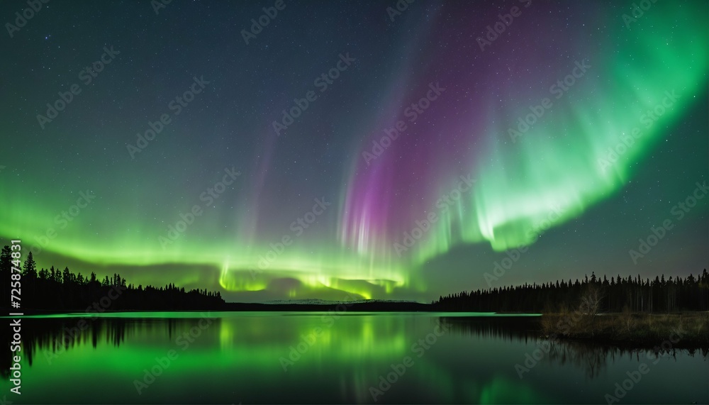 Breathtaking view of the northern lights above a tranquil lake, set against a forested background